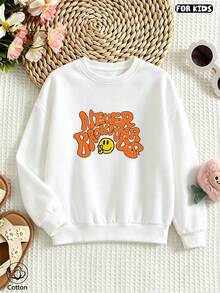 Kids Casual Cute Sweatshirt: Orange Letter & Yellow  Print, Round Neck Long Sleeve Loose Fit, Comfortable Breathable For Spring Autumn Daily Wea - White - View 2