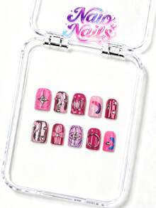 NAIO 10pcs 3 Sizes Almond Stiletto Short Square Handmade Press On Nails, Fall Autumn Nails, Pink Tone With Silver Metal Curve, Star Rhinestone, Grid & Polka Dot Print, Glossy Full Cover Fake Nails For Daily & Party Wear, With Nail Tool Kit - Multicolor - View 15