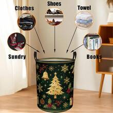 1PC Dark Green Golden Christmas Tree Print Storage Bucket With Handles, Large Capacity Fabric Storage Basket - Gold and Green - View 5