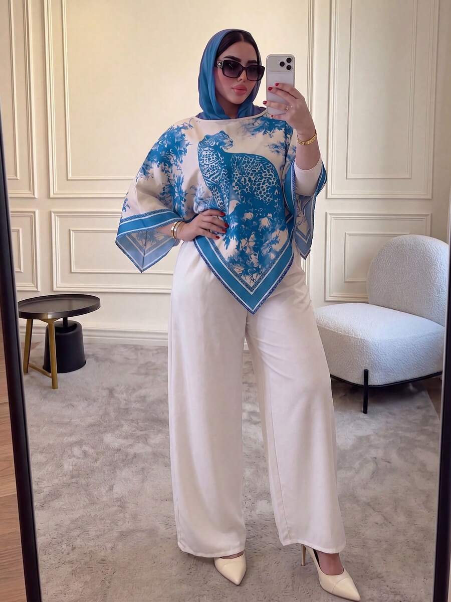 Women's Full Print Top And Pants Arabic Costume Set - Multicolor - View 1