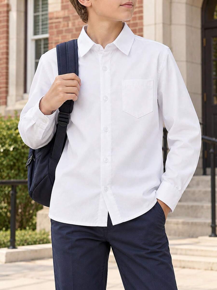 Tween Boy Classic College Style Pocket-Fronted Long Sleeve White Formal Dress Shirt For Casual Gatherings - White - View 1