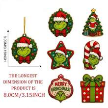 The Grinch 6件組壓克力聖誕樹吊飾，2D扁平趣味綠色怪獸角色掛飾，適合聖誕居家裝飾、聖誕樹裝飾與節日派對禮物 - E - 查看 4