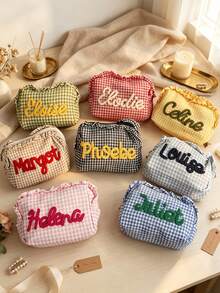 Personalized Plaid Makeup Bag, Customized Name Ruffle Edge Cosmetic Storage Bag, Preppy Style Toiletry Organizer, Gift For Her, Travel Essential - Multicolor - View 4