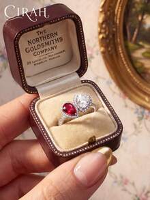 1pc Women's Heart-Shaped Water Drop Black & Red Ring, Jewelry Anniversary Birthday Gift - Antique Silver - View 2