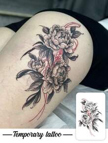 1pc Temporary Tattoo Sticker, Black White Peony With Red String Pattern, Realistic Fake Tattoo Design, Suitable For Daily, Bachelorette Party Favors, Music Festivals, Cosplay, Graduation Gifts, Lasts 3-5 Days - Multicolor - View 1
