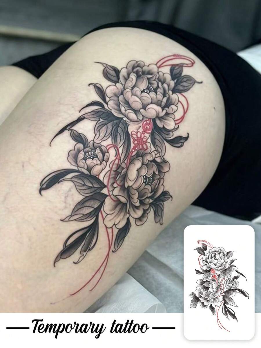1pc Temporary Tattoo Sticker, Black White Peony With Red String Pattern, Realistic Fake Tattoo Design, Suitable For Daily, Bachelorette Party Favors, Music Festivals, Cosplay, Graduation Gifts, Lasts 3-5 Days - Multicolor - View 1