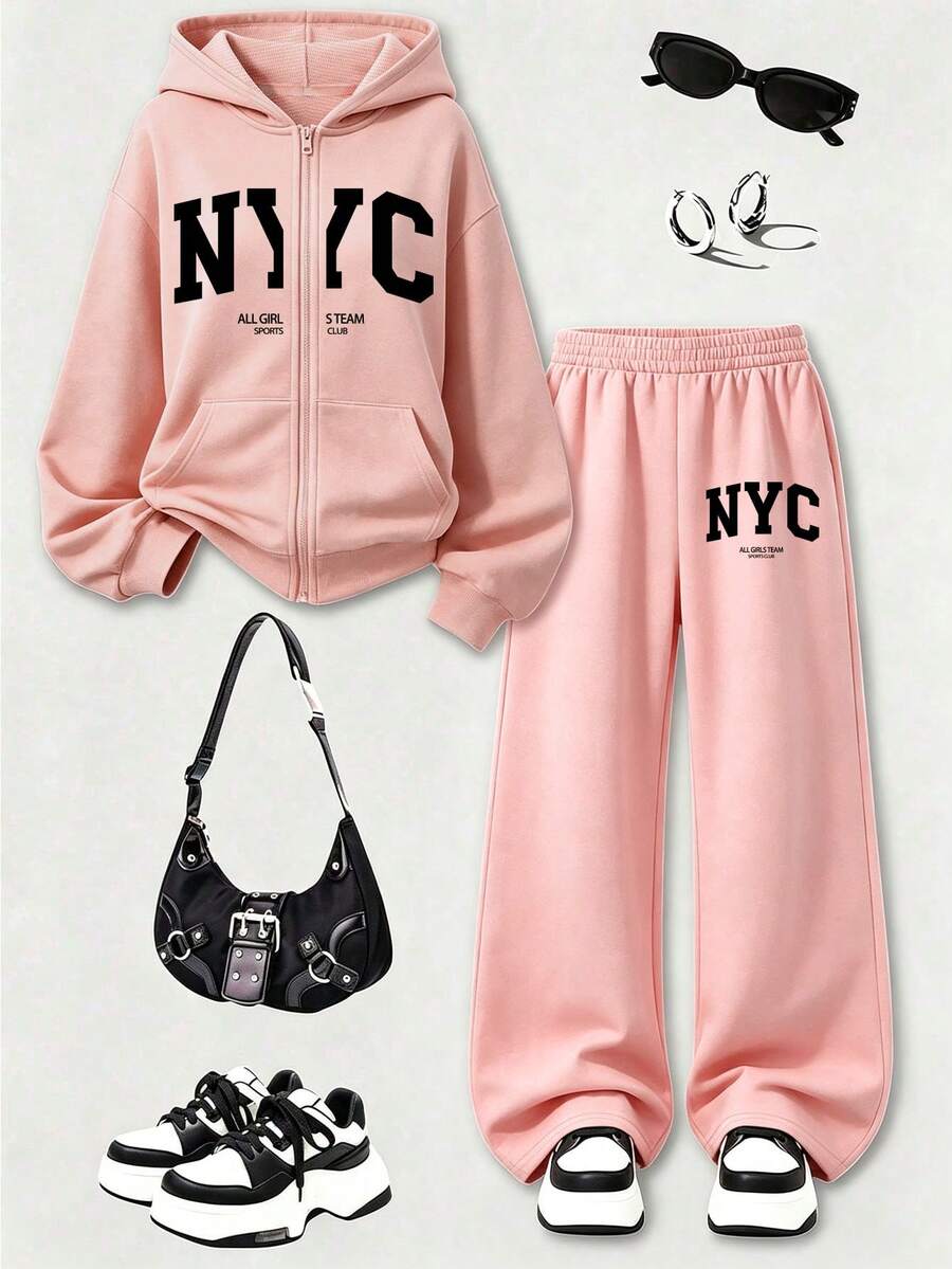 Teen Girls Letter Print American Style Hooded Zip-Up Sweatshirt Jacket + Casual Long Pants 2-Piece Set, Autumn/Winter Outfit, Campus Style, Homecoming Look - Pink - View 1