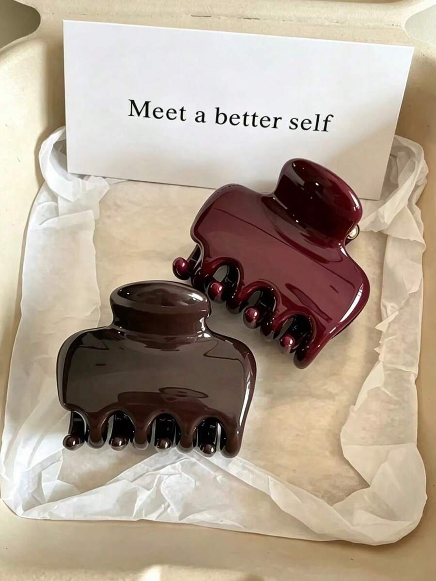 2pcs 5cm/1.97in Red & Coffee Rectangular Hair Clips, Fashionable Versatile Elegant Minimalist, Suitable For Daily, Casual, Party, Beach, Vacation, Hairstyle Design, Washing Hair & Face, Makeup And Clothing Accessories, Applicable For Spring, Summer, Autumn, Winter All Seasons Beach Hair Clips - Multicolor - View 1