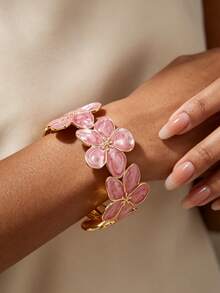 VceTd 1pc Romantic Colorful Enamel Flower Shaped Stainless Steel Bracelet, Suitable For Women To Wear At Weddings Or Travels, - Yellow Gold - View 4