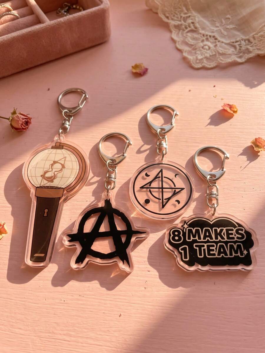 1Pc/4Pcs ATEE K-Pop Group Iconic Symbol & Cheer Slogan Acrylic Keychains, Featuring Lightiny Light Stick, Round Group Logo And "8 MAKES 1 TEAM" Slogan Design, Fashionable Bag Charm, Suitable For Fan Gifts, Cheer Collection, All Seasons - Multicolor - View 1