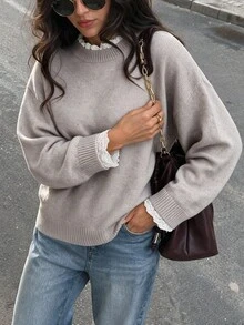 NOVELLE Women Loose Lazy‑Style Oatmeal Pullover Knit Sweater,French Ruffle Casual Top For Autumn Winter,Daily Commute,Date Party,Street Gathering Wear - Camel - View 5