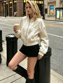 Seelio Autumn New Women's European And American Style Fashion Minimalist Versatile Satin Flight Jacket - Beige - View 4