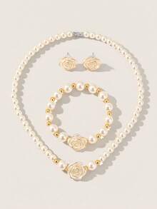 Valisandre 1 Set Women's Jewelry Set, Faux Pearl Flower Necklace, Fashion Bracelet, Classic Retro Luxury Earrings, Suitable For Formal Occasions - White - View 2