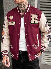 Men's Colorblock Patchwork Letter Embroidery Baseball Jacket, Autumn, Casual, Graduation, Back To School, Letter Varsity Jacket - Hot Pink - View 3
