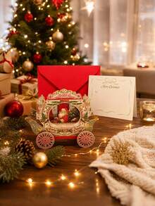 2pcs 3D Christmas Pop-Up Cards, Creative Holiday Paper Cards With Elegant Carriage Design, Suitable For Christmas Celebration Decoration Cards, Surprise Message Cards - Multicolor - View 8