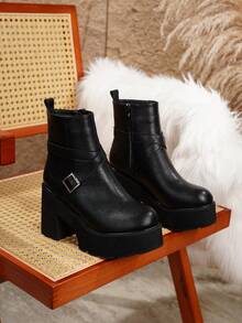 Women's Thick Sole Chunky Heel Square Buckle Ankle Boots With Side Zipper, Black - Black - View 14
