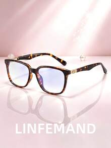LINFEMAND 1 Pair Women's Square Frame Plain Lens Glasses, Minimalist Full Frame Design, Delicate Metal Decoration On Temples, Lightweight And Comfortable Fit, Versatile For Office And Daily Wear, Comes With Brand Full Set Exquisite Gift Box - Clear - View 3