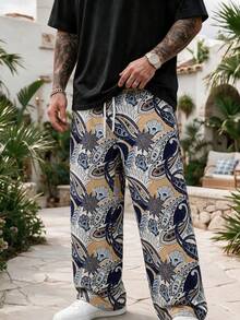 Men's Hawaiian Style Loose Drawstring Wide Leg Pants - Multicolor - View 1