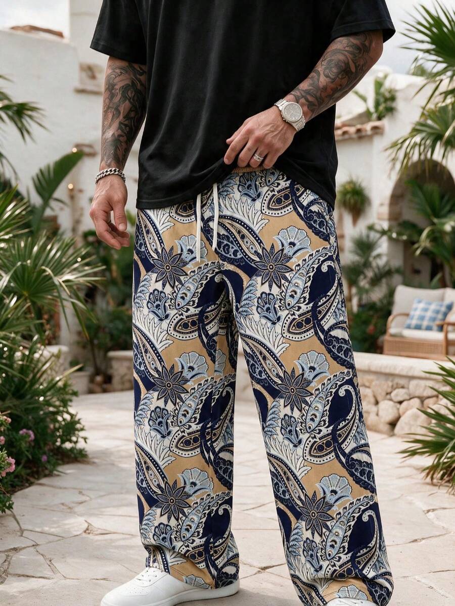 Men's Hawaiian Style Loose Drawstring Wide Leg Pants - Multicolor - View 1