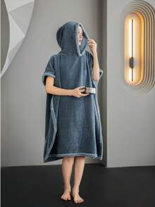 1pc Solid Color Hooded Wearable Blanket, Double-Sided Fleece Versatile Cape Blanket, Home Throw Blanket For Napping - Dusty Blue - View 5