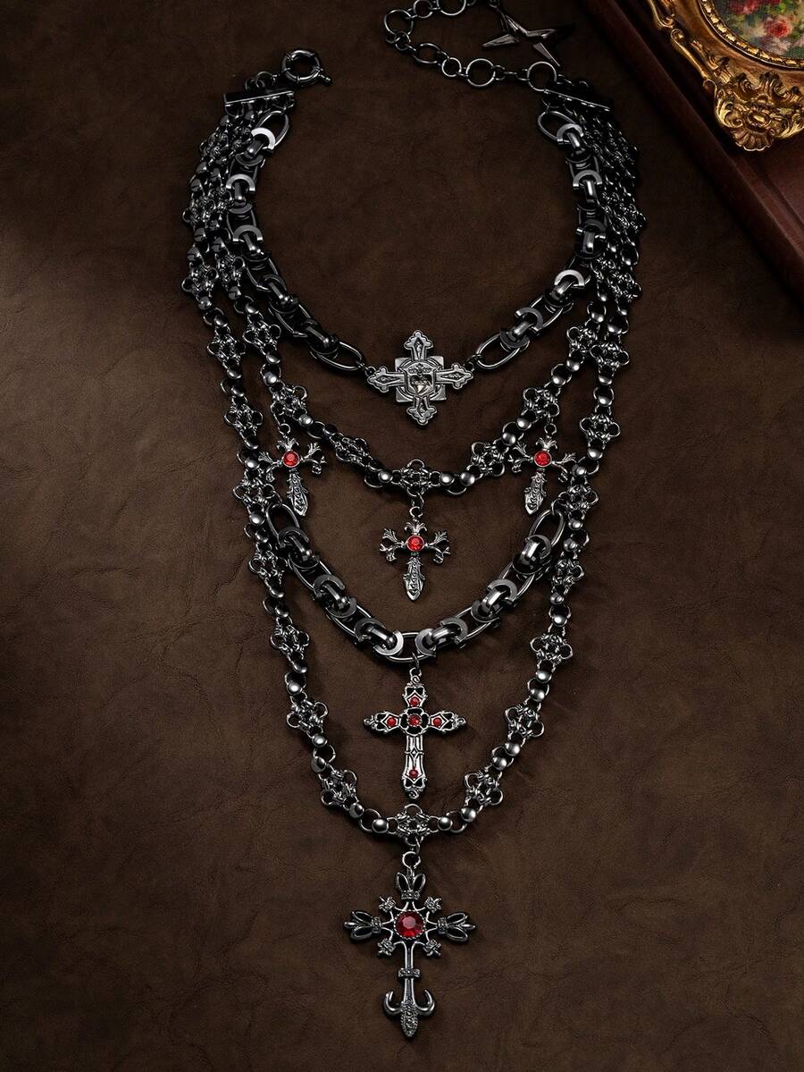 Un collar de cruz negro multicapa vintage, que combina perfectamente la estética gótica medieval con el lujo moderno, con varios colgantes de cruz para un efecto de capas rico e impacto visual fuerte, adecuado para banquetes, fiestas, uso diario y talla grande, un regalo personalizado ideal para la novia o la mejor amiga - Negro - Ver 1