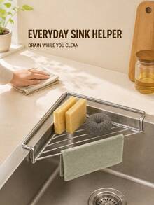 1/2pcs Stainless Steel Sink Drain Rack, Triangle Sink Storage Box, Space-Saving, For Holding Sponges, Dish Soap, Dishcloths, Brushes, Sponges, Kitchen Countertop Organizer, Home Kitchen Supplies - View 2