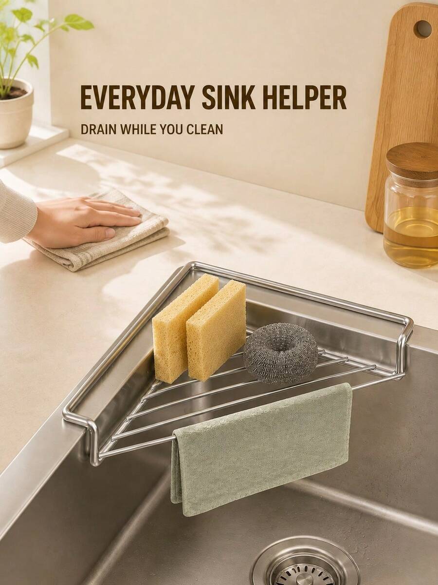 1/2pcs Stainless Steel Sink Drain Rack, Triangle Sink Storage Box, Space-Saving, For Holding Sponges, Dish Soap, Dishcloths, Brushes, Sponges, Kitchen Countertop Organizer, Home Kitchen Supplies