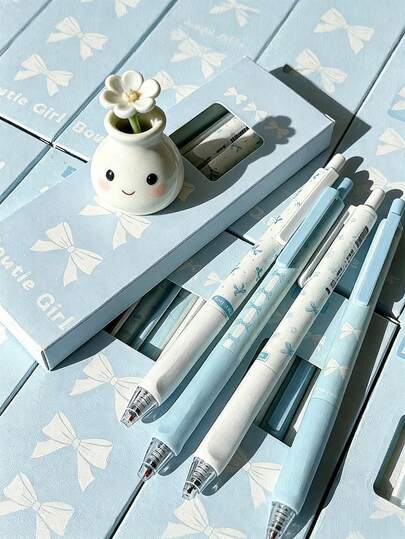 4pcs Cute Retractable Bow Gel Pens, 0.5mm Fine Tip, Smooth Writing, Office And School Supplies, Cartoon Cute Blue Women's Style (Blue), Beaded Pens, Engraved Crystal Rhinestone Ballpoint Pens, Fun Office Pens, Aesthetic Pens