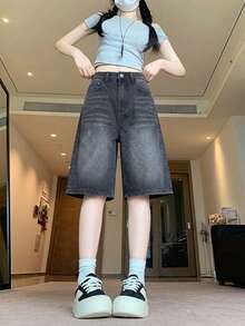 Quần short denim nữ cạp cao mặc nhà hàng ngày mùa hè, màu trơn, denim giặt wash vân râu mèo - Xám - Xem 3
