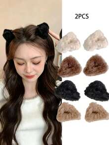 2pcs/Set Women's Sweet Cute Plush Cat Ear Triangle Hair Clips, Front Bangs Styling Decorative Small Claw Clips, Suitable For Daily Wear - Multicolor - View 1