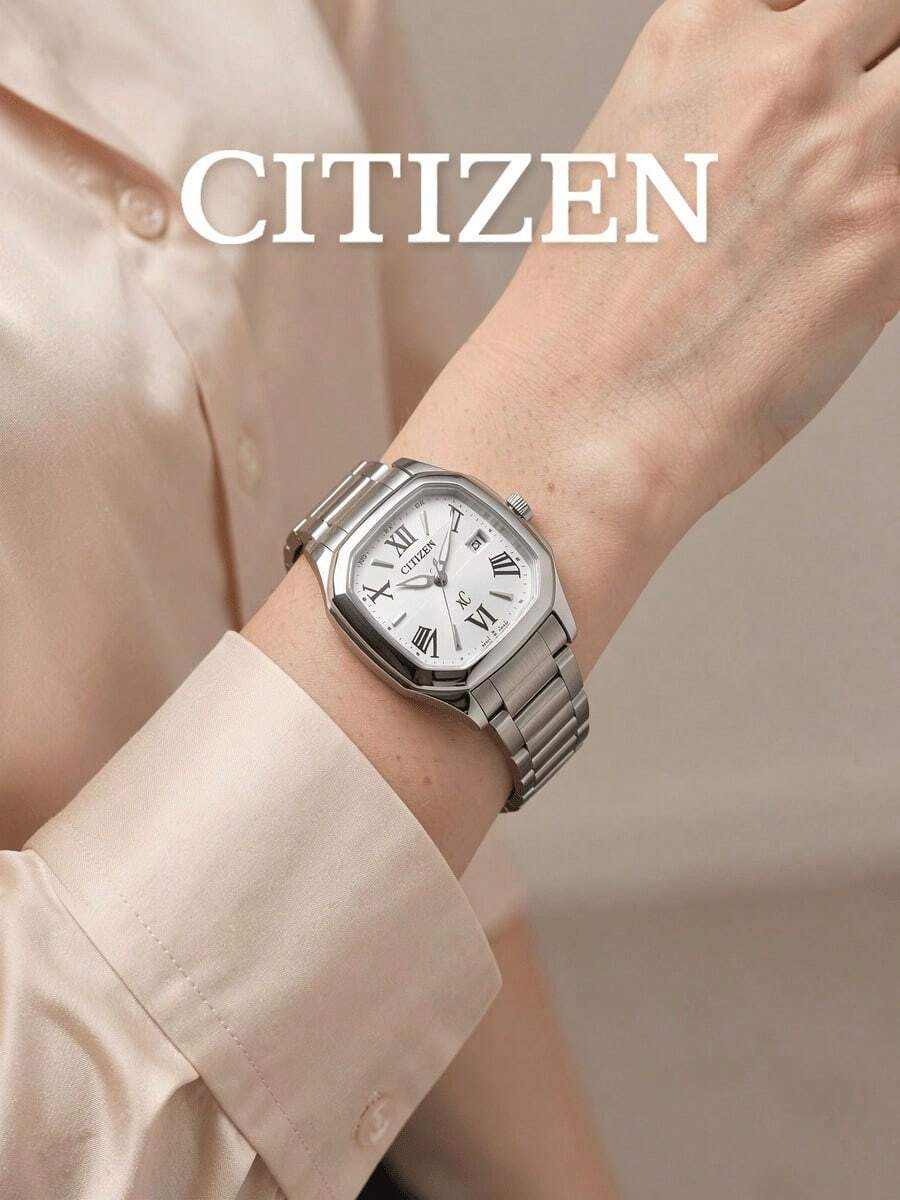 CITIZEN Ladies -Drive Controlled Watch Polished Square Tonneau Steel Bracelet Cream Sunburst Dial Roman Numerals Elegant Dress Watch - Silver - View 1