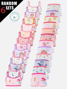 6 Sets Random Girls Tank Top & Panty Set, Cute Mermaid Pattern, Elastic Breathable Cotton Girls Underwear Set - Multicolor - View 1