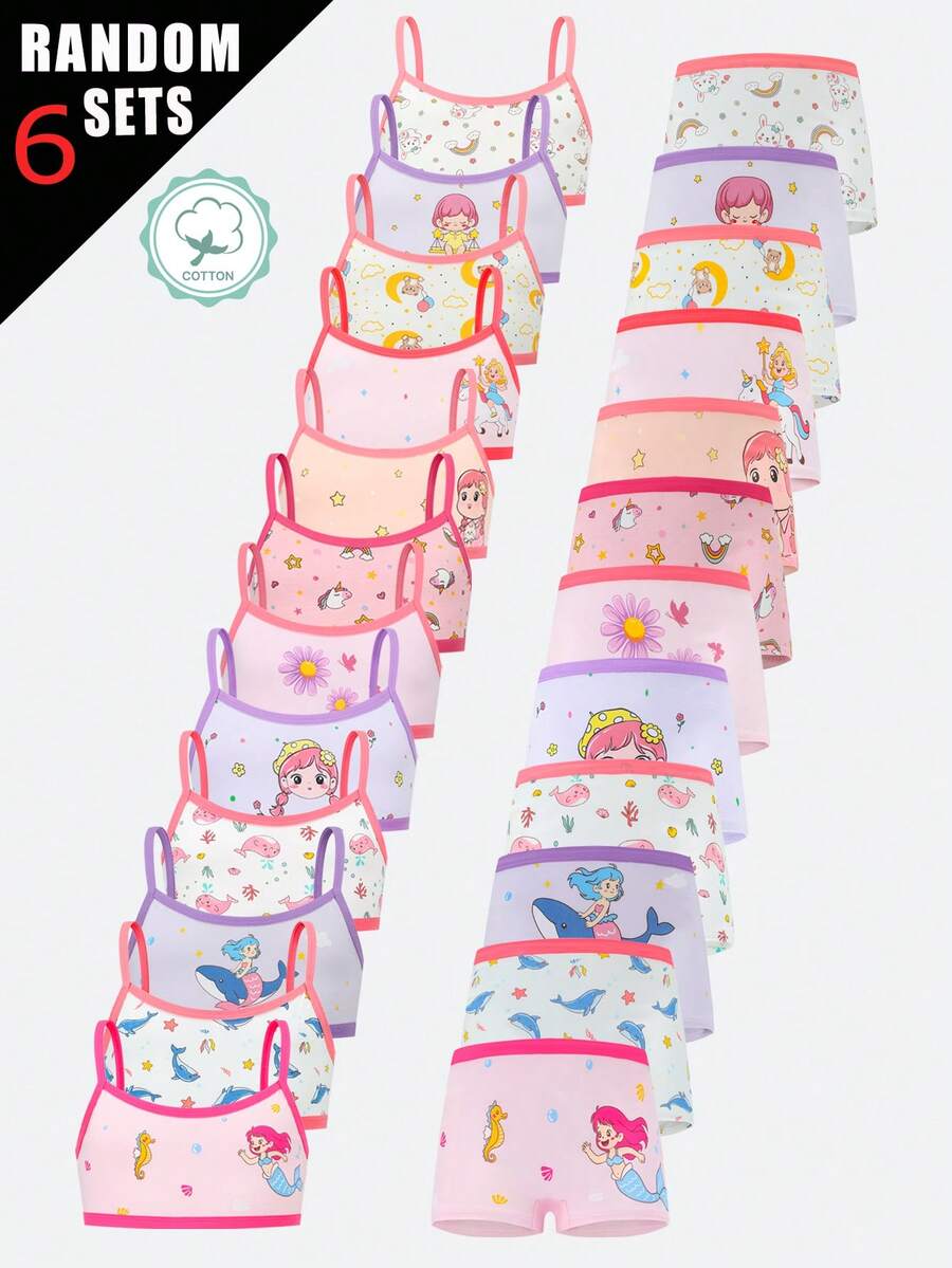 6 Sets Random Girls Tank Top & Panty Set, Cute Mermaid Pattern, Elastic Breathable Cotton Girls Underwear Set - Multicolor - View 1