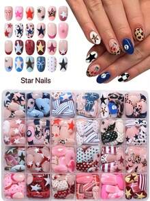 24pcs Short Oval Leopard Print, Polka Dot, Striped Nail Stickers - Multicolor - View 1