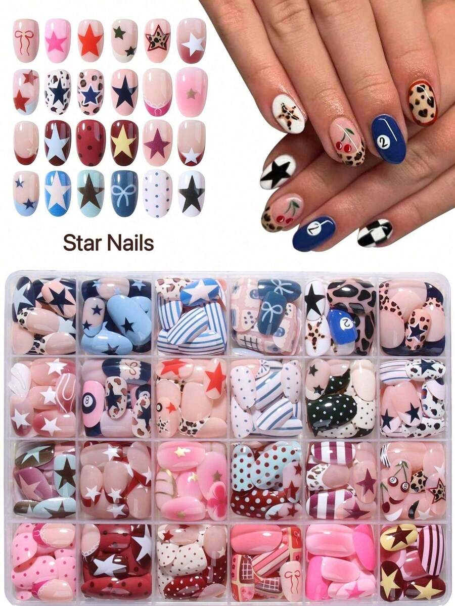 24pcs Short Oval Leopard Print, Polka Dot, Striped Nail Stickers - Multicolor - View 1