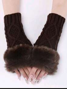 1 Pair Women's Coffee Color Short Fingerless Knit Gloves, Winter Warm & Fashionable - Multicolor - View 3