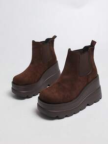Women's Elastic Slip-On Wedge Heel Thick Sole Chelsea Ankle Boots, Velvet-Like Fabric - Coffee Brown - View 1