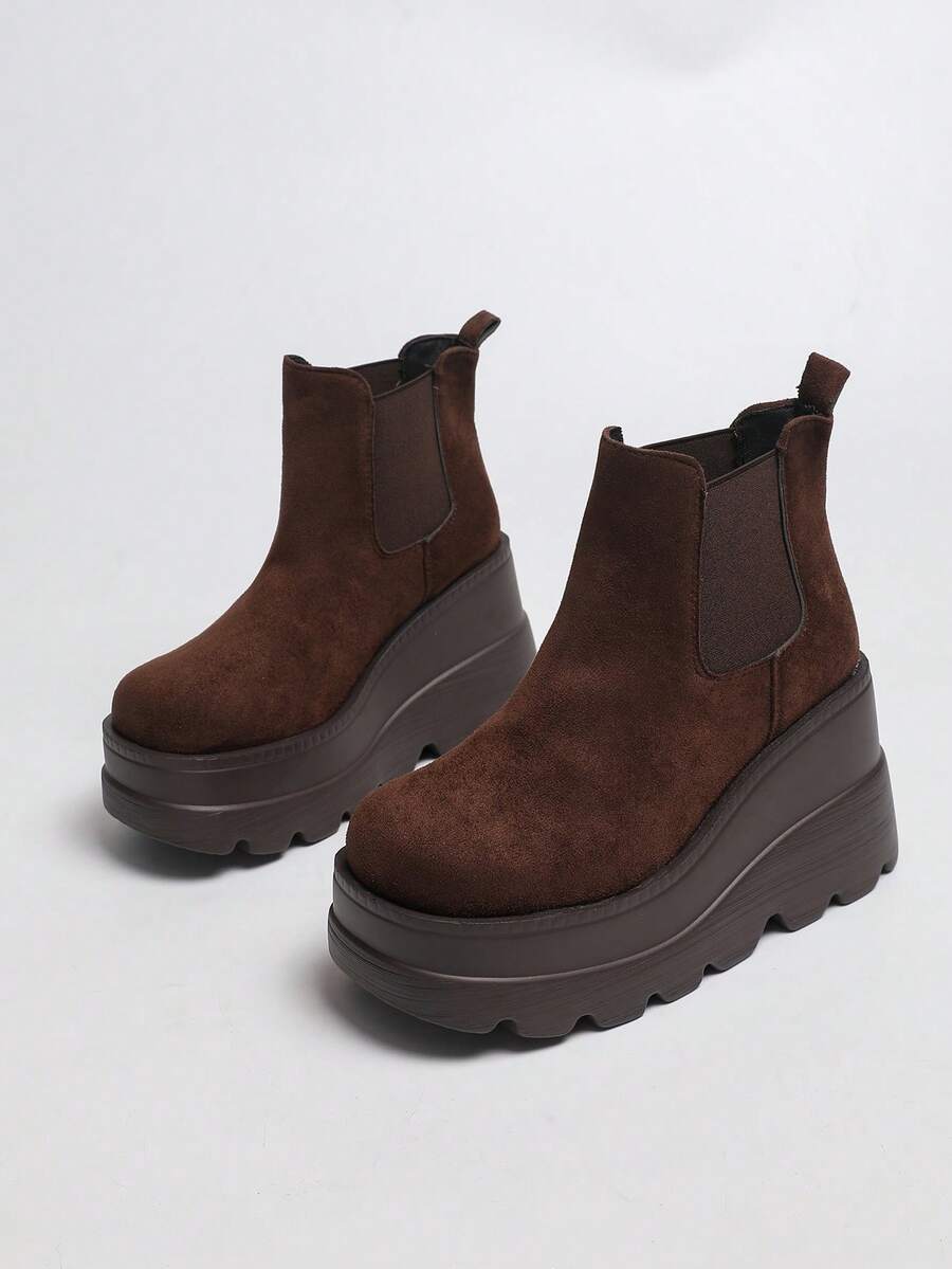 Women's Elastic Slip-On Wedge Heel Thick Sole Chelsea Ankle Boots, Velvet-Like Fabric - Coffee Brown - View 1