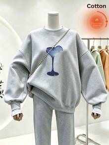 Stylish Gray Women's Sweatshirt, Long Sleeve Round Neck Drop Shoulder Pullover With Unique Cocktail Graphic, Warm And Comfy Fall Top,Pull - Gray - View 3