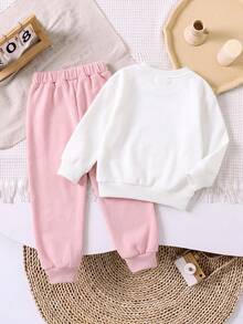 2pcs/Set Young Girl' Autumn/Winter Playful Cartoon Print Crew Neck Sweatshirt + Jogger Pants Comfortable Energetic Versatile Outfit - Pink - View 2