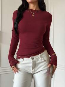 Women's Red Round Neck Long Sleeve Lace Patchwork Top - Red - View 7