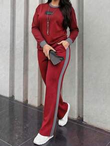 SRoinpar Women's Burgundy Casual 2 Pieces Set, Round Neck Top With Side Stripe Pants, Comfortable And Fashionable Choice For Autumn/Winter - Burgundy - View 3
