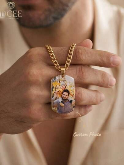 DIY Personalized Photo Dog Tag Necklace For Men, Vintage Cuban Chain, 316L Stainless Steel, Upload Your Own Photo For Custom Engraving, Durable Coating, Fade-Resistant, Minimalist Personalized Dog Tag Pendant, Gold Color, Versatile, Hypoallergenic, Adjustable, Suitable For Father's Day, Birthday, Anniversary Gifts, Couple And Parent-Child Memorial Accessories, Daily Wear Necklace