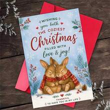 1 kort + 1 kuvert, varmt och romantiskt julkort med två kramande kaniner, "Merry Christmas To You Both", för par, vinterhelg, akvarellstil - flerfärgad - Visa 7