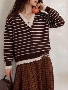 Cardigan Rajut Leher V 2-in-1 Bergaris Klasik Elegan Kasual Musim Gugur untuk Wanita - Coffee Brown - View 3