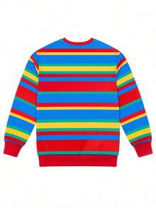 1Pc Women Rainbow Colorful Stripe Oversized Crew Neck Knit Sweater, Retro Slouchy Top For Party Street Daily - Red - View 3