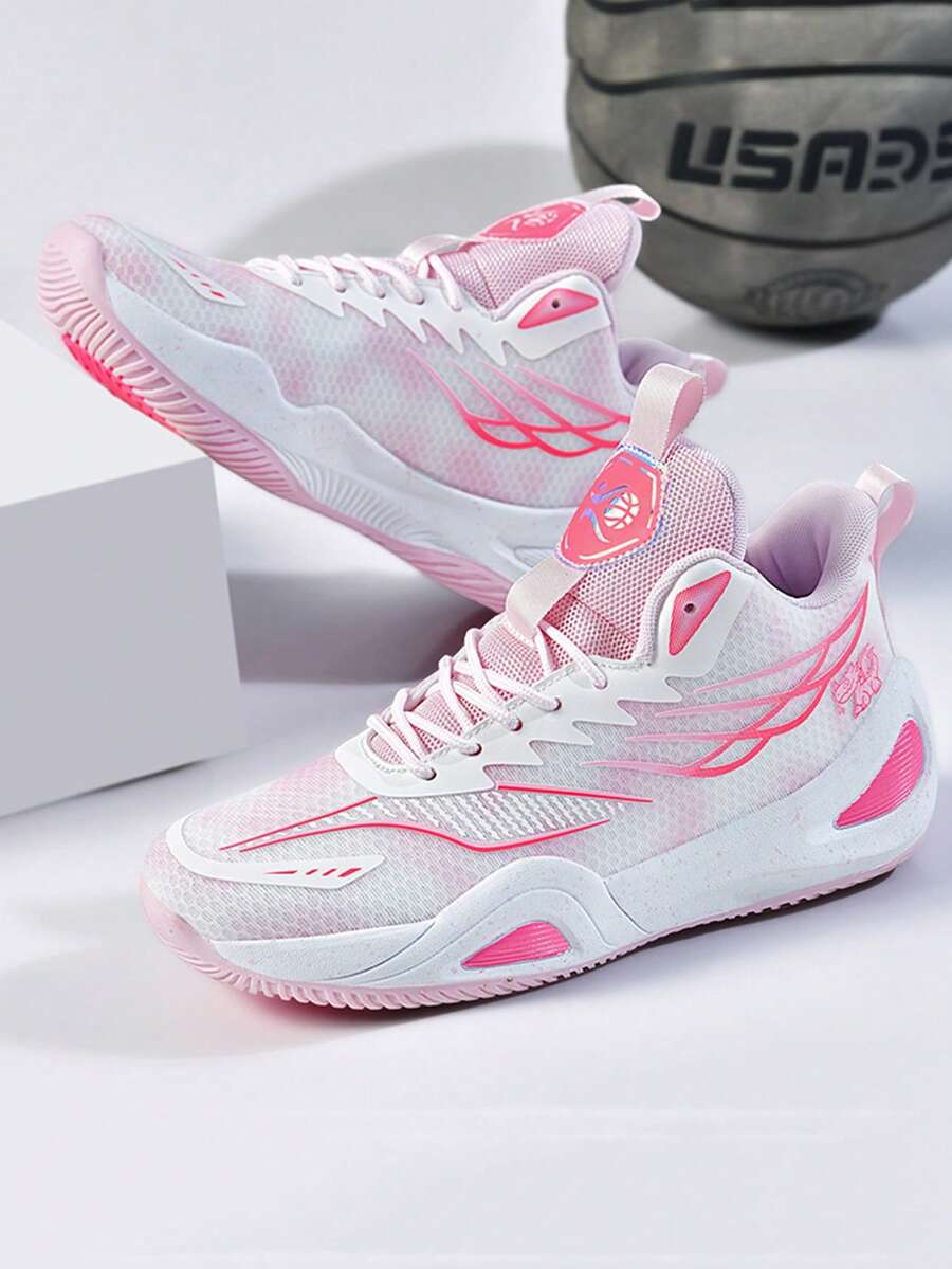 1 Pair White-Pink Gradient Dreamy Basketball Shoes, Sports Running Shoes With Shock Absorption, Soft Bounce, Breathable And Comfortable, Couple Style, Pink Youthful - White Powder - View 1