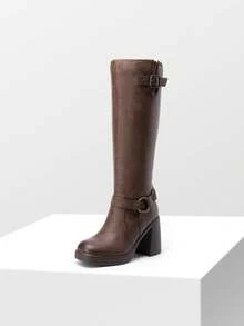 Women's Chunky Heel Platform Knee-High Boots Square Toe Side Zipper Adjustable Straps Buckle Decorated Motorcycle Riding Boots - Brown - View 5
