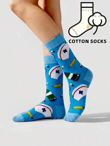 1 par de calcetines de mujer con estampado de traje de enfermera lindo, punta redonda, de algodón suave, color azul claro, hasta la pantorrilla, calcetines casuales novedosos - Multicolor - Ver 1