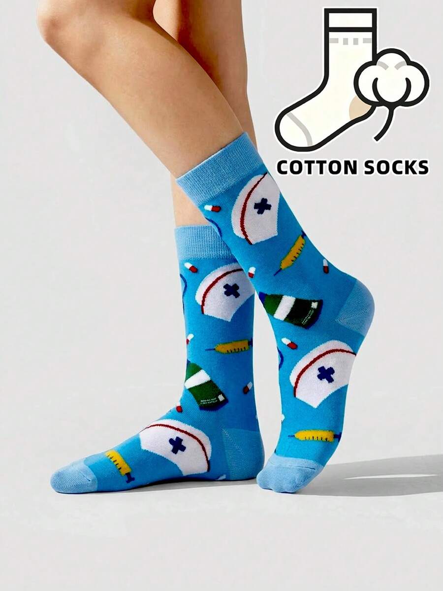 1 par de calcetines de mujer con estampado de traje de enfermera lindo, punta redonda, de algodón suave, color azul claro, hasta la pantorrilla, calcetines casuales novedosos - Multicolor - Ver 1